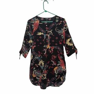 ROZ & ALI BLACK FLORAL PRINT 3/4 SLEEVE TOP SIZE SMALL